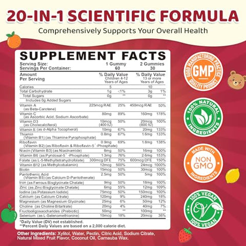 Sept Yan Iron Supplement Gummies For Kids Kids Multivitamin With Iron - Vitamin B Complex C D3 Calcium Folate Zinc Fos For Blood Builder & Energy Support Iron Deficiency VeganMixed Fruit Flavor60 Ct