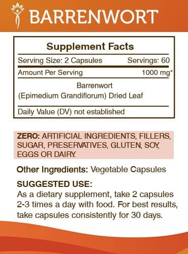 Secrets of the Tribe Barrenwort 120 Capsules, Made with Vegetable Capsules and Barrenwort (Epimedium Grandiflorum) Dried Leaf (120 Capsules)