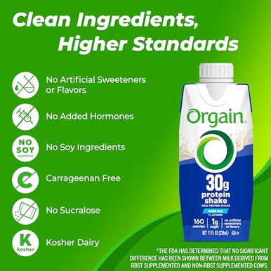 Orgain 30G High Protein Ready To Drink Shake Vanilla Bean 11 Fl Oz (Pack Of 12) + Orgain Organic 30G Vegan Protein Powder Vanilla 2.01 Lb (Packaging May Vary) Bundle