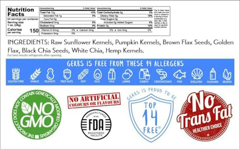 Gerbs Super 7 Seed Snack Mix 4 lbs. | Raw, No Artificial Additives, Resealable Bag | Crunchy Pumpkin, Sunflower, Brown & Golden Flax, Black & White Chia, Hemp | Top 14 Allergen-Free
