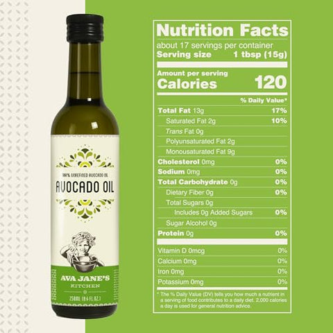 AVA JANE'S KITCHEN - Extra Virgin Avocado Oil - 100% Cold Pressed, Natural, & Unrefined - 480Ã‚Â°F High Smoke Point, Rich in Potassium & Vitamins - Creamy & Buttery Taste - 2 Bottle Pack, 8.4 fl oz each