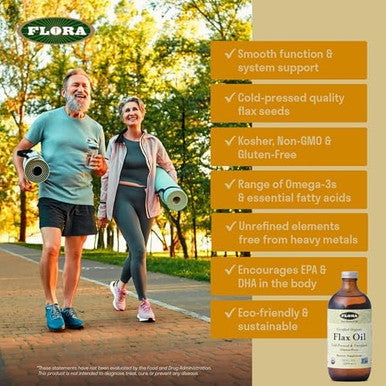 Flora Flax Oil Coldpressed Unrefined Organic Flax Seed Oil Contains Omega3 & Omega6 Nongmo & Gluten Keep Chilled 17 Fl. Oz. Amber Glass Bottle