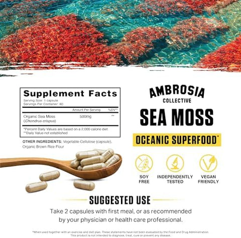 Ambrosia Irish Sea Moss Capsules High Dose 500 mg/Serving Made with Organic Sea Moss Veggie Capsules