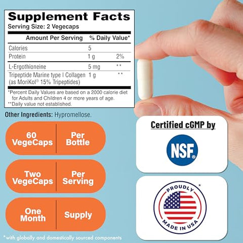 Health Thru Nutrition Skineu Collagen Tripeptide L-Ergothioneine Advanced Anti-Aging Formula Morikol Marine Collagen Supports Skin Hydration Elasticity & Joint Health Non-Gmo & Gluten-Free 60 Vegecapsules