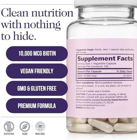 NAKED Biotin 10000mcg Max Strength Vitamin B7 Supplement for Healthy Hair Skin and Nails Support NonGMO GlutenFree Vegan Supports Keratin Production 120 Capsules