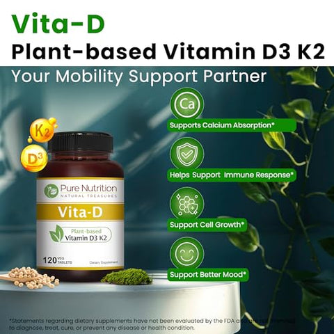 Pure Nutrition Vitamin D3 K2 Ultra Calcium Plant-Based D3 From Lichen 120 Tablets Each
