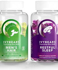 IvyBears Men's Hair Vitamins and Restful Sleep Gummies Biotin Zinc and Melatonin with LTheanine and Lemon Balm Vegan Hair Growth and Sleep Support 2Pack