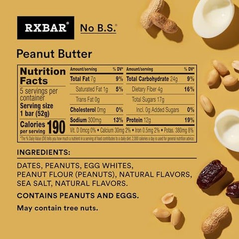 RXBAR Protein Bars, Protein Snack, Snack Bars, Peanut Butter, 9.1oz Box (5 Count)