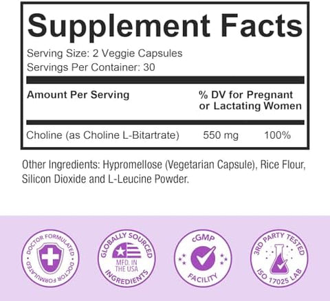 Premom Prenatal Choline Bitartrate Supplement: 550Mg For Cognitive Development Meet Daily Needs" Nutritional Support For Pregnancy & Metabolism Baby Brain Development " 60 Capsules 30 Days Supply