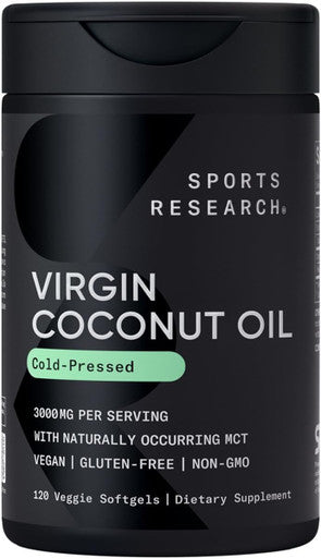 Sports Research Organic Coconut Oil Capsules 3000Mg - Cold Pressed Extra Virgin Coconut Oil With Medium Chain Triglycerides (Mcts) - Vegan Friendly & Non-Gmo Verified - 120 Softgels