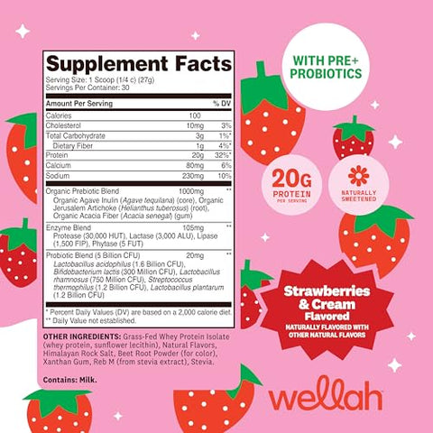 Wellah Grass-Fed Whey Protein Isolate Powder (Strawberries And Cream) 30 Servings - With Prebiotics Enzymes & Probiotics 20G Of Protein 100 Calories Naturally Sweetened