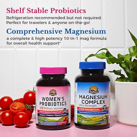 Vitalitown Magnesium + Probiotic Bundle (Pack Of 2) 10-In-1 Magnesium Complex & WomenS Probiotics 120 Billion Cfus 90 Magnesium Caps & 30 Probiotic Caps