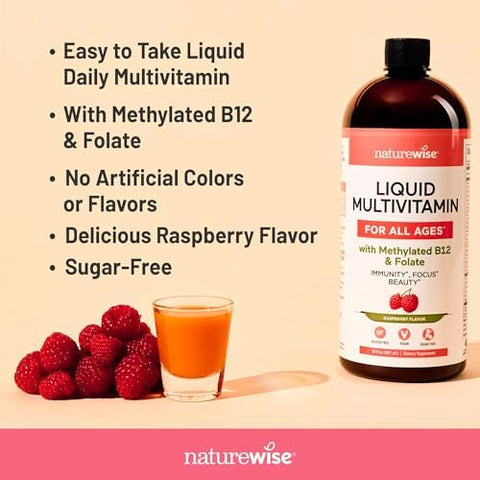 NatureWise Liquid Multivitamin for Women Men of All Ages Sugar Free Vegan Vitamins for Energy Levels Beauty Immune Health with Methylated B12 and Folate NonGMO 30 fl oz(887 mL)