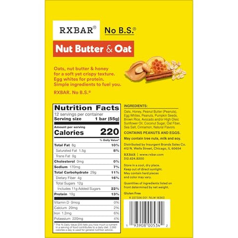 RXBAR Nut Butter and Oat Protein Bars, Protein Snacks, Snack Bars, Honey Cinnamon Peanut Butter, 23.2oz Box (12 Count)