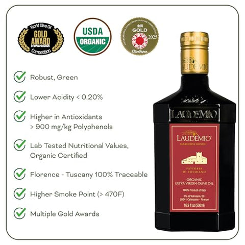 Laudemio Volmiano ÃƒÂ¢Ã¢â€šÂ¬Ã¢â‚¬Å“ Organic Tuscan Extra Virgin Olive Oil, 900+ mg/kg High-Polyphenol Italian EVOO, 2025 NYIOOC Gold Award, Early Harvest, Cold Extracted, Lab Tested, Pesticide-Free, Premium Gift Box