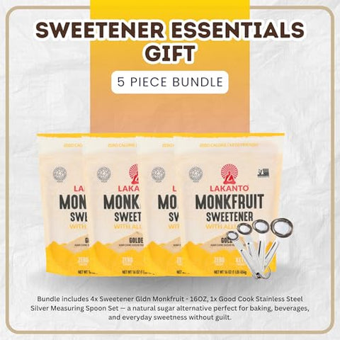 Monk Fruit ÃƒÂ¢Ã¢â€šÂ¬Ã¢â‚¬Å“ 4x Golden Monkfruit Sweetener ÃƒÂ¢Ã¢â€šÂ¬Ã¢â‚¬Å“ 16OZ Bundle with Stainless Steel Silver Measuring Spoon Set ÃƒÂ¢Ã¢â€šÂ¬Ã¢â‚¬Å“ Low-Calorie Sugar Alternative with Accurate Measuring Tools ÃƒÂ¢Ã¢â€šÂ¬Ã¢â‚¬Å“ Gift Set (5 Items)