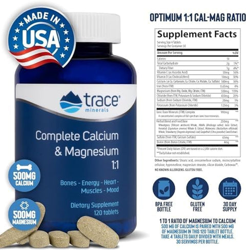 Trace Minerals Complete Calcium and Magnesium 1: 1 Dietary Supplement for Bone Health and Energy Support Mineral Supplement to Aid Immune Health Formula with Sea Minerals 120 Tablets (30 Servings)