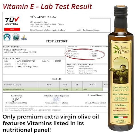 Papa Vince Olive Oil Extra Virgin - First Cold Press Family Harvest 2024/25, Polyphenol Rich, Subtle Peppery Finish, Unrefined, High in Monounsaturated Fat, No Pesticides, No GMO, Sicily, Italy