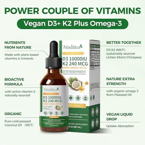 2 Pack Organic Vitamin D3 K2 Liquid w/ Vegan Omega3 and Coconut MCT Oil 10000 IU Maximum Strength Vitamin D Supplement No Fillers NonGMO K2 as MK7 for Bones Muscles and High Absorption2 Fl Oz