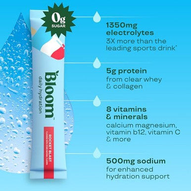Bloom Daily Hydration Electrolyte Powder Packets with Collagen 5g Protein Electrolytes Vitamins and Minerals Sugar Free Drink Mix Rocket Blast 5 Count