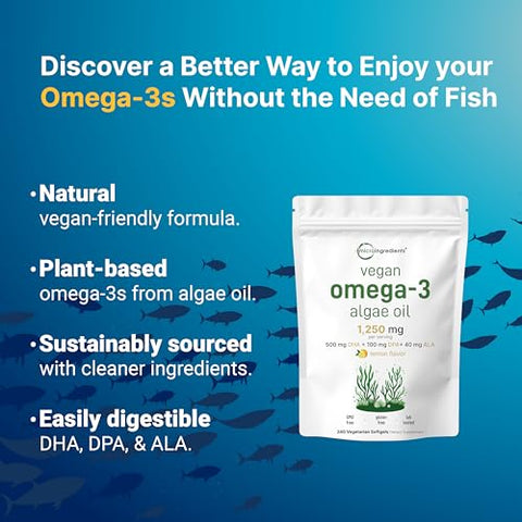 Micro Ingredients Vegan Omega 3 Algae Oil 240 Veggie Softgels Fish Oil Alternative Dha 500Mg & Dpa 100Mg Carrageenan Free Plant-Based Omega 3 With Flaxseed & Ala Lemon Flavored
