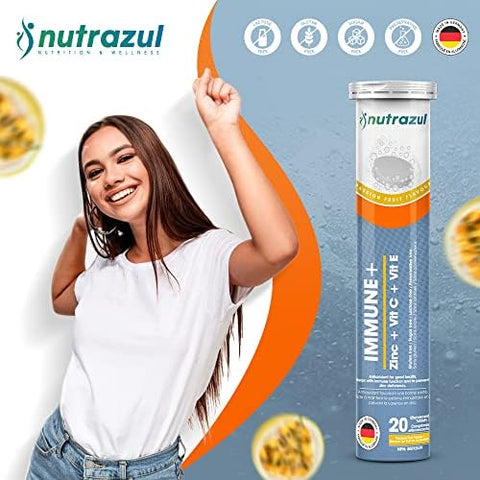 Nutrazul Immune+ Effervescent Tablets Vitamin C And Zinc With Vitamin E 60 Tablets Immune Support For Adults & Kids Ideal For Flu Season Protection Passion Fruit Flavor