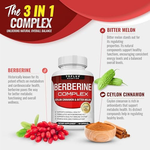 Toplux Berberine With Ceylon Cinnamon And Bitter Melon 2100Mg High Purity 97% Hcl Berberine Supplement Supports Overall Health & Immune System Nongmo Vegan 90 Capsules