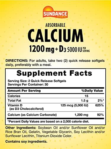 Sundance Calcium 1200 Mg With Vitamin D3 5000 Iu 60 Absorbable Softgels Nongmo & Gluten Supplement