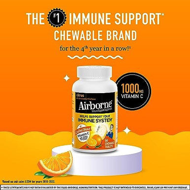 Airborne 1000Mg Chewable Tablets With Zinc, Immune Support Supplement With Powerful Antioxidants Vitamins A C & E - 96 Tablets, Citrus Flavor