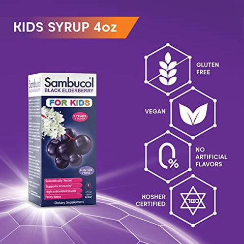 Sambucol Black Elderberry Syrup For Kids - Kids Elderberry Syrup Added Vitamin C Black Elderberry Syrup For Kids Sambucus Elderberry Kids Syrup For Immune Support Delicious Berry Taste - 4 Fl Oz
