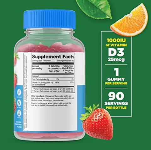 Lifeable Sugar Vitamin D Kids + Probiotic + Prebiotic Fiber Kids Gummies Bundle Great Tasting Vitamin Supplement Gluten Gmo Chewable Gummy