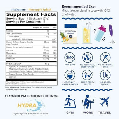 Vitauthority Hydration Electrolyte Powder Packets Blend Magnesium, Calcium, Sodium Potassium Coconut Water + Vitamin C & B12 Sugar-, Vegan, Non-Gmo, Energy & Immune Support 18 Servings Pineapple Flavored