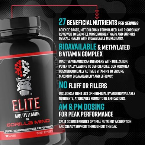 Gorilla Mind Elite MultiVitamin (180 Capsules) Daily Multivitamin Formulated for Peak Performance 27 Nutrients to Backfill Micronutrient Shortcomings