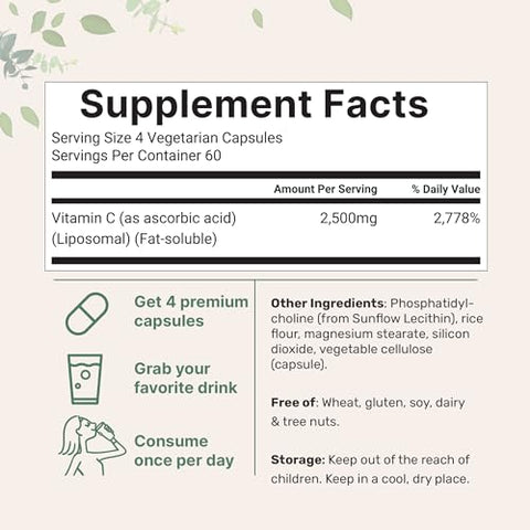 Micro Ingredients Liposomal Vitamin C 2500Mg 240 Veggie Capsules Highly Bioavailable Fat Soluble Form Immune Support & Antioxidant Supplement Liposomal Delivery For Superior Absorption Non-Gmo Gluten Free