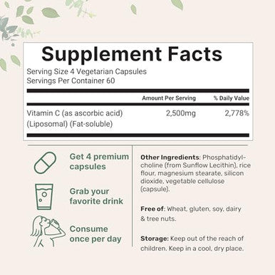 Micro Ingredients Liposomal Vitamin C 2500Mg 240 Veggie Capsules Highly Bioavailable Fat Soluble Form Immune Support & Antioxidant Supplement Liposomal Delivery For Superior Absorption Non-Gmo Gluten Free