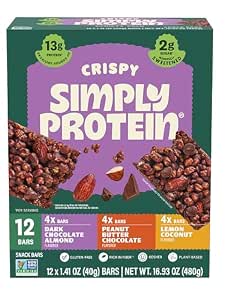 Simply Protein - Crispy Vegan Protein Bars Variety Pack, 3 Flavors - Plant Based, Protein Snacks - 13g Protein, 2g Sugar, 7g Fiber - Gluten Free, Non GMO, Kosher - 12 Bars