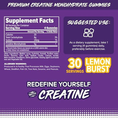 Finaflex Creatine Gummies 120 Gummies Lemon Burst Flavor Promotes Muscular Strength Size & Performance 5G Of Creatine Monohydrate Per Serving 30 Servings
