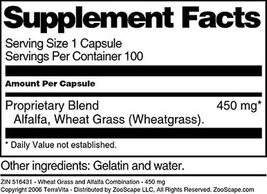 Terravita Wheat Grass And Alfalfa Combination - 450 Mg (100 Capsules, Zin: 516431)