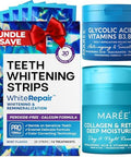 Maree Bundle Dental Care Kit Glycolic Acid Peel Pads & Face Moisturizer Teeth Whitening Strips With Calcium Formula & Mint Flavor Collagen & Hyaluronic Acid Retinol Salicylic Acid