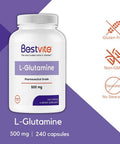 Bestvite L-Glutamine 500mg per Capsule (240 Capsules) - No Dicalcium Phosphate - No Stearates - Non GMO - Gluten - Gut Health Support