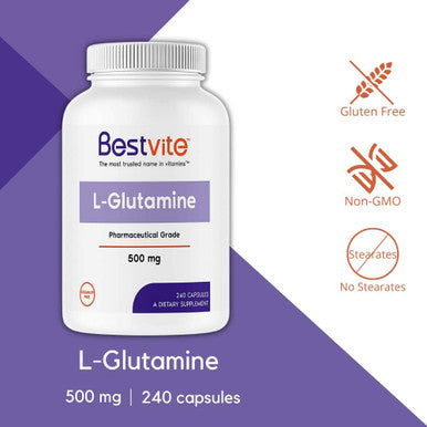 Bestvite L-Glutamine 500mg per Capsule (240 Capsules) - No Dicalcium Phosphate - No Stearates - Non GMO - Gluten - Gut Health Support