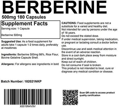 Berberine 98% 500mg 180 Capsules UK Made. Pharmaceutical Grade High Strength Supplement Metabolism Blood Sugar
