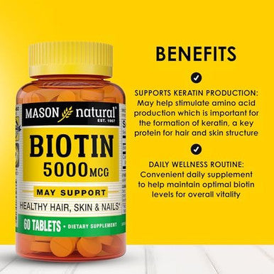 Mason Natural Biotin 5000Mcg Vitamin B7 Supplement For Men & Women Supports Healthy Hair Skin & Nails 60 Tablets