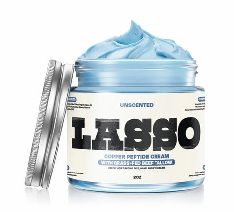 LASSO Copper Peptide Cream with Grass-Fed Beef Tallow (GHK-Cu) ÃƒÂ¢Ã¢â€šÂ¬Ã¢â‚¬Å“ Unscented Face Moisturizer for Women & Men, Hydrating Skin Cream with Manuka Honey, Jojoba Oil & Vitamin E, 2 oz