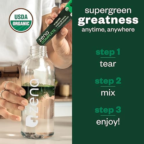 Zena Complete Organic Super Greens Powder and Multivitamin 90+ Supergreens Fruits Veggies Pre and Probiotics Watermelon Citrus Flavor 30 Packets + Water Bottle