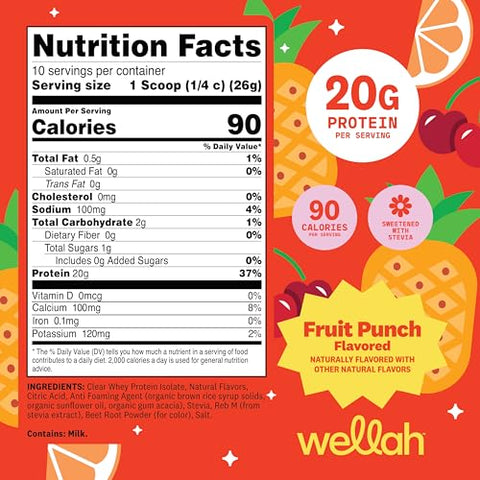 Wellah Clear Whey Protein Isolate Powder (Fruit Punch) 10 Servings - 20G Of Protein 90 Calories Sweetened With Stevia