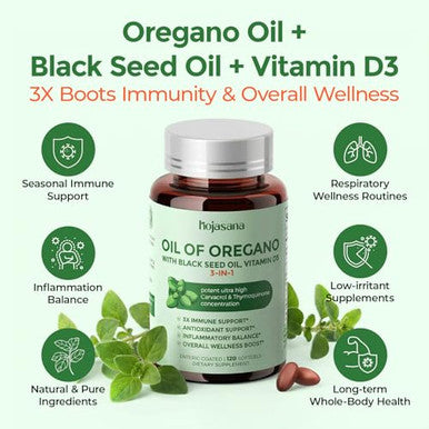 Hojasana Oil Of Oregano With Black Seed Oil & Vitamin D3 3-In-1 Immune & Digestive Support Enteric-Coated Softgels For Seasonal Wellness 120 Softgels 60-Day Supply Non-Gmo Gluten-Free Soy-Free