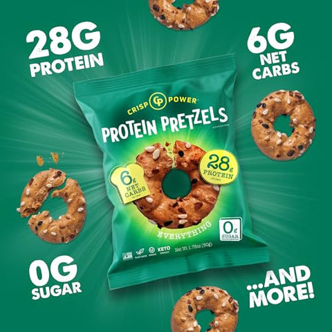 Crisp Power Protein Pretzel Snack Bundle Sea Salt Everything & Sesame (6 Packs Each) Up To 28G Protein Per Pack Low Carb Vegan Plantbased Keto Baked Savory Pretzel Bites