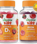 Lifeable Vitamin D Kids + Iron & Vitamin C Kids Gummies Bundle Great Tasting Vitamin Supplement Gluten Gmo Chewable Gummy