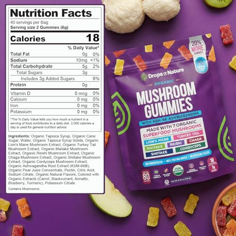 Drops Of Nature Lions Mane & Ashwagandha Gummies Turkey Tail Maitake Reishi Chaga Shiitake Cordyceps Organic Low Carb Superfood Gummies 8 In 1 Mushroom Blend (Mixed Fruit 80 Gummy Bears)
